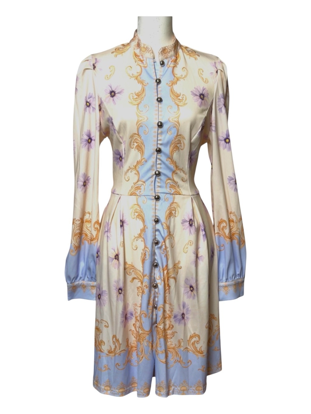 Cream & lt blue floral-print hook & eye button front dress Women’s size large |a